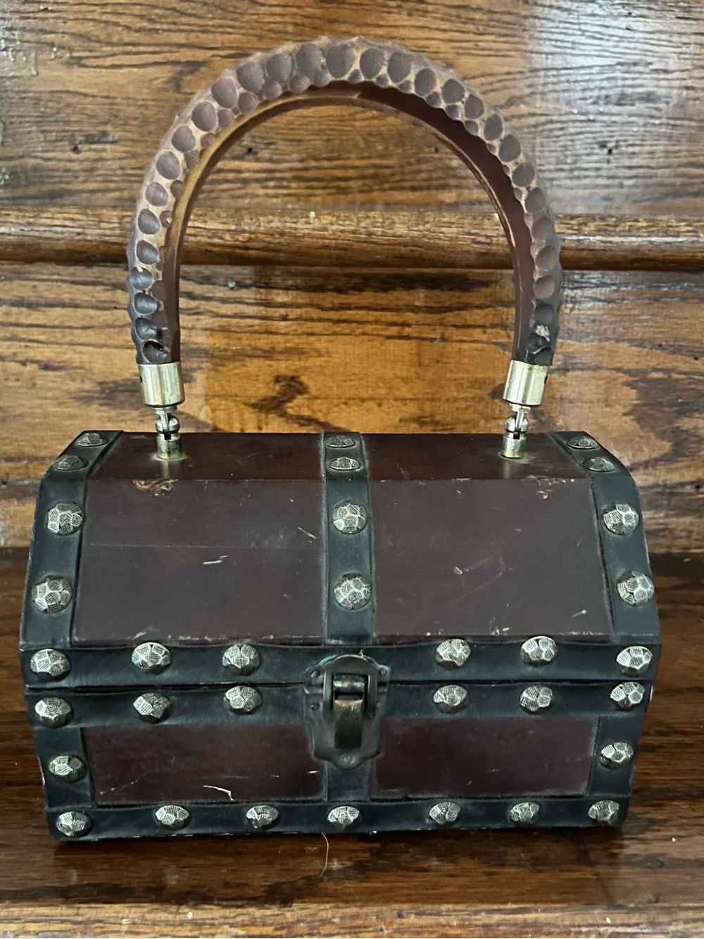 Vintage Wooden Treasure Chest Handbag Purse Studded Rivet Trim Red Velvet Lined